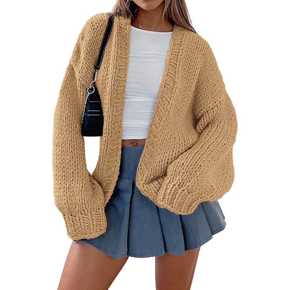 Womens Trendy Cardigan Sweaters Khaki Long Sleeve Chunky Knit Outfits